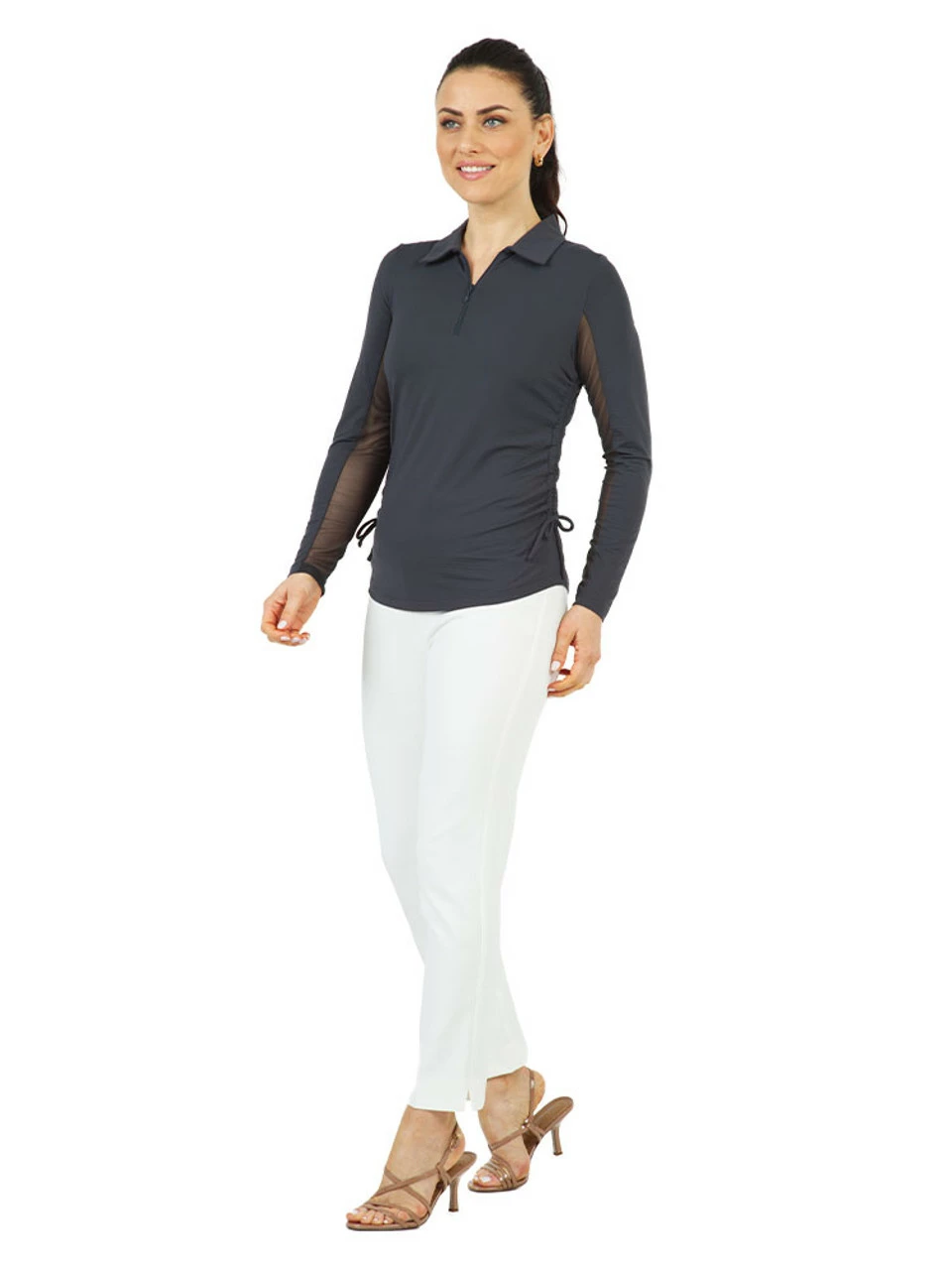 IBKUL Adjustable Long Sleeve Zip Polo - Charcoal 3 IBKUL Adjustable Long Sleeve Zip Polo - Charcoal